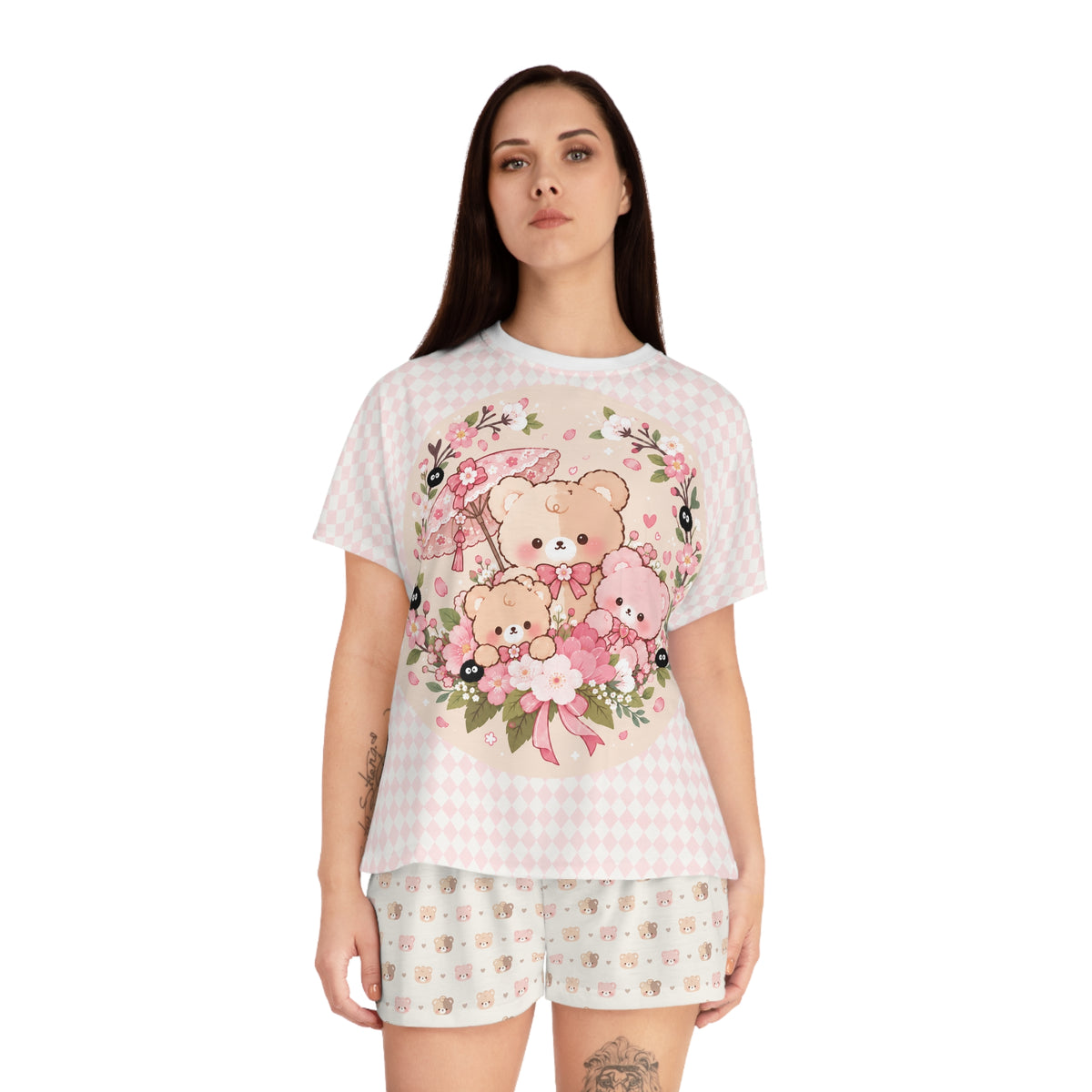 Cute Bear Family Floral Wreath Women's Pajama Set | Short Pajamas